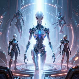 amazing dream about first contact with alien apex legends artificial intelligence singularity portal, mass effect, tron, neon, hyper realistic, concept art, high key lighting, intricate, hyper detailed, smooth, high contrast, neon, volumetric lighting, octane, raytrace, symmetrical, moebius, greg rutkowski, huifeng huang, artgerm, beeple, jim lee,
