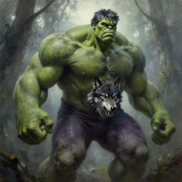 frazetta hulked oversized rugged wolf concept art macro medium close up shot in deep forest, mist, overcast, backlighting, oil painting by frank frazetta by greg rutkowski