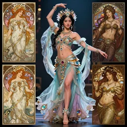 Character concept and fashion spot illustrations from Disney's live action Mulan rococo tribal Asian belly dance mashup, full-body, bloom, dynamic poses, diaphanous cloth, intricate crystalline and feather jewelry, ornate, filigree, arcane, cinematic lighting, by Alphonse Mucha, by Artgerm, by Bouguereau, by Sakimichan, fantasy, portfolio illustration, highly detailed, trending on Artstation, CGsociety, HQ, 8k, 35mm lens, f2.8, Bokeh,