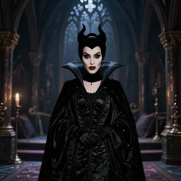 the black silhouette of disney's evil queen in a gothic dark bedroom facing the camera. photo realistic. realistic image. oniric. dream - like painting.