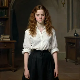 renaissance oil painting of emma watson as hermione granger, wearing a white shirt and black skirt