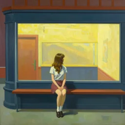 scene of a lone girl waiting inside a 7 0 s hotel, colorful americana, detailed painting in the style of edward hopper