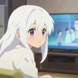 anime visual, a young japanese woman with white hair watching tv in the living room, cute face by ilya kuvshinov, yoshinari yoh, makoto shinkai, katsura masakazu, dynamic perspective pose, detailed facial features, kyoani, rounded eyes, crisp and sharp, cel shad, anime poster, ambient light
