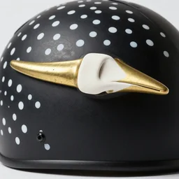 realistic photo of a black helmet with pattern of white dots, brass beak, white clay mask, ears made of white feathers 1 9 9 0, life magazine reportage photo, natural colors