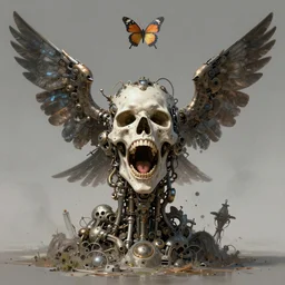 Death is swallowed up in victory, very detailed and beautiful face, screaming, mechanical bird, mechanical butterfly, artwork by artgerm, centered shot, wide angle, full body, islandpunk, solarpunk, DD, fantasy, highly detailed, digital painting, artstation, smooth, sharp focus, art by thomas kinkade and H.R. Giger and Kevin Swartz
