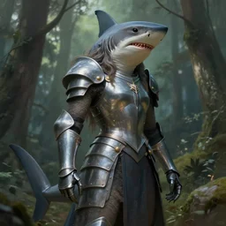 photo of a humanoid shark hybrid were a heroic dress an armour in the forest, long hair, highly detailed, digital painting, artstation, smooth, sharp focus, illustration, art by artgerm and greg rutkowski and alphonse mucha