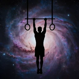 athletic man doing a pullup using gymnastic rings, silhouette, long shot, in a cosmic nebula background, matte colors, dramatic digital art trending on artstation
