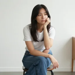 casual photograph of a woman sitting in a studio room pensively, with the poise and appearance of the ( ( ( ( ( ( ( ( mona lisa ( ( ( ( ( ( ( (, taken in 2 0 1 9 with a digital camera, full color, head shot