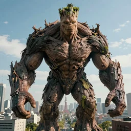 colossal!! titan!! groot!! destroying tokyo city, muscular, fit, 1 0 0 mm, trending on behance, photorealistic, hyper realism, movie shot, studio lighting, 8 k