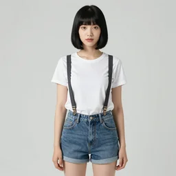 a woman with black bob haircut in shorts with suspenders and white t-shirt drawn by frank frazetta, Alexandre Cabanel, norman rockwell, peter paul rubens, maler collier, alphonso azpiri, alphonse mucha, gustav klimt 4k, unreal 5, DAZ, french noveau, trending on artstation, octane render, hyperrealistic