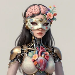 a beautiful stunning fantasy whimsical matte digital portrait of a dark haired masquerade steampunk android woman with mechanical brains, her heart is full of colorful flora, concept art by Anna Dittmann and Anton Fadeev and Anato Finnstark, pastel color palette, trending on artstation hq