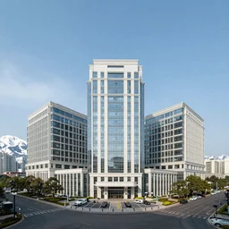 4 level office building with 3 complexes in triangle shape, photo taken from the street level, round parking circle at entrance, trees, snow mountain backdrop