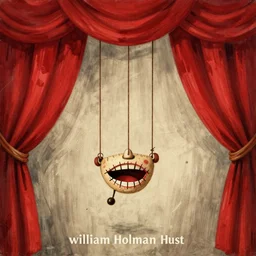 Illustration of a puppet on strings with sewn mouth, behind red curtains, art by william holman hunt, album cover