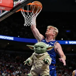 Donald Trump dunking a basketball over Yoda, award-winning photo, rim light, dark background, 8k
