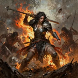 a beautiful brutal warrior brutally destroys his enemies on the battlefield, wrath flame and ruin, oil painting, trending on artstation