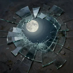 a broken mirror, shatterted, many pieces, cracked glass, broken glass, many shards, lying on the ground, view from above, reflections, full moon reflected in broken mirror, very detailed, digital painting, oil painting, moonlight, dark night, hyperrealistic, intricate, fantasy art, highly detailed, beautiful, artstation, cgsociety, illustration by greg rutkowski