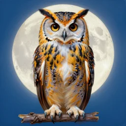 realistic portrait beautiful painting of japanese owl, colorful bird feathers, background moon. full body, fine art, trending on artstation, smooth draw, sharp focus, digital art, bright colors, fine draw, perfect lighting, high render, high resolution.