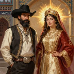 persian folkore illustration of a bearded cowboy standing next to persianate emir