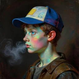 a baroque neoclassicist close - up side profile portrait of a colorful retrofuturistic blacklight uv alien cyborg boy with a baseball hat, glowing fog in the background. renaissance portrait painting. highly detailed science fiction painting by norman rockwell, frank frazetta, and syd mead. rich colors, high contrast, gloomy atmosphere, dark background. trending on artstation