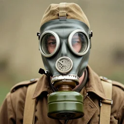 person wearing gas mask, ww1 photo, grainy, high detail, high resolution, tehnicolor