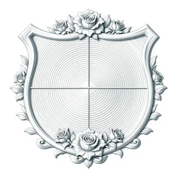 beautiful decorative classical ornamental shield emblem, fibonacci rhythms, roses, lilies, acanthus scrolls, human heart, highly detailed etching, radially symmetrical, rendered in octane