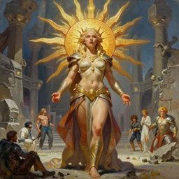 A mixed media painting of the beautiful blonde goddess of the sun, very aesthetic, curvy, detailed face, elven armor, by Frank Frazetta, Greg Rutkowski, Boris Vallejo, Beeple, Yoko Taro, Christian MacNevin, epic fantasy character art, goddess of anger, viking runes, high fantasy, CGsociety, full length, exquisite detail, post-processing, masterpiece, cinematic, odin's stone arena background