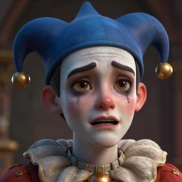 the sad jester crying wearing tiny cap, lovecraft scene, detailed portrait, 3 d, intricate details, by vincent di fate, artgerm, smooth gradients, octane render, 8 k, volumetric lightning, high contrast, depth of field, coherent face