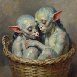 highly detailed painting of boglins cuddling up in a basket by william turner, thick brush strokes and visible paint layers, 4 k resolution