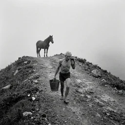 movie still by tarkovsky of an skinny old man carrying a bucket with a horse on a ultra high mountain peak road, cinestill 8 0 0 t 3 5 mm b & w, heavy grain, high quality, noir, natural textures, photorealistic, ambient occlusion, hd, mud, fog, ultra wide lens, anamorphic
