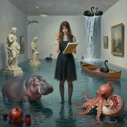 painting of a tall emo girl in a flooded art gallery, holding a pencil and sketchbook, a hippopotamus, berries, octopus, nautilus, flooded, stone sculptures, art on the walls, fish, zen, waterfall, black swans, canoe, pomegranates, surrealist, by magritte and monet