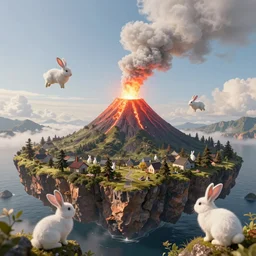 hyper realistic surreal landscape with a active volcano on an island with flying rabbits 4 k