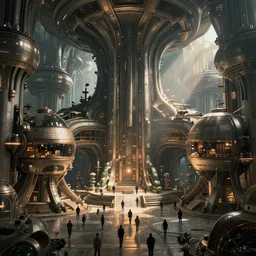hyperdetailed concept art of a elaborate sprawling future ecopunk museum, very detailed, volumetric lighting, moody, ambiance