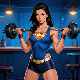 a beautiful woman superhero lifting weights in a blues bar, digital illustration, in the style of greg rutkowski, intricate, highly detailed, sharp