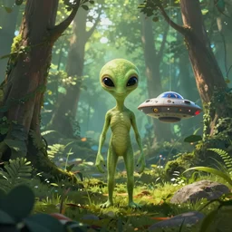 an alien in a forest exploring the world with the spaceship in the back, google parti resolution