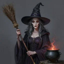Portrait of gorgeous old Witch, with dark grey hair, pale skin, red eyes, classical witch robe, magic broom, pointy witch hat, magical cauldron, D&D, DND, extremely detailed, detailed face, modest, high fantasy, matte painting, by artgerm and Craig Mullins, James Jean and Clyde Caldwell, trending on artstation artstationHD, artstationHQ, cgsociety, HD 16K