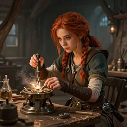 An epic fantasy comic book style portrait painting of a young tinker girl working on a device in her workshop in the style of the wheel of time, unreal 5, DAZ, hyperrealistic, octane render, cosplay, RPG portrait, dynamic lighting