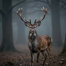 a deer with a ruby ​​in its forehead stands in the middle of a dark foggy forest, cinematic, 4k,