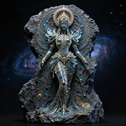 futuristic intricate detailed sculpture of cosmic space empress grambiah, stone and glass, gorgeous, high contrast, blue gold and black