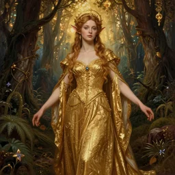 a beautiful female elf in a golden dress, enchanted forest,, by pre - raphaelite brotherhood, fine art, warm color palette, crepuscular rays, rembrandt lighting, global illumination, insanely detailed and intricate, hypermaximalist, elegant, ornate, hyper realistic, super detailed, a sense of infinity and timelessness
