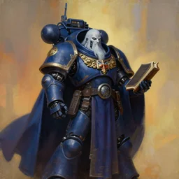 painting of a cloaked tech priest holding a book, cybernetic enhancements attached to his body, praise the omnissaiah, Zdzislaw Beksinski, Lewis Jones, mattias adolfsson, Warhammer 40K!!, cold hue's, warm tone gradient background, concept art, digital painting
