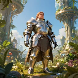 a chubby female knight veteran in a hi-tech botanical world with blue skies | style of Jack Kirby Crosby, vincent callebaut, dramatic light | high detail | cinematic lighting | pristine metals, glass, plants | solarpunk | golden hour | volumetric lighting | wide body | concept art |