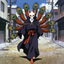 an anime from the eighties about a demon skull fox with 9 peacock tails wearing wizard robes and wandering an empty street alone, anime, 8 0 s, vhs, vhs effects, art by yuji ikehata