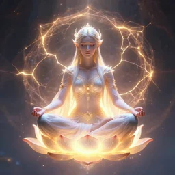 glowing cracks, elven princess, meditating, peaceful, levitating, powerful, blossoming, lotus pose, zen, glowing, fractal background, ascending, detailed, realistic, digital art, fantasy, trending on artstation, cinematic, movie clip
