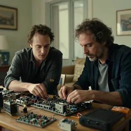 a cinematic shot of two people dealing computer components in a middle class appartement in geneva by quantin tarantino and guillermo del toro,