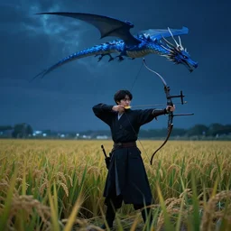 epic fanstasy fight. korean male archer standing on a field of rice shooting a long blue dragon flying on the night sky. dark fantasy. digital art. - w 1 0 2 4