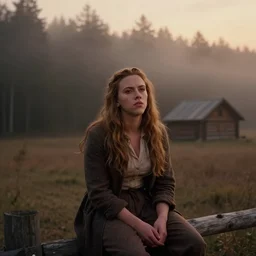 medium shot portrait bust of scarlett johannson sitting on fence, tired expression, faded color film, russian cinema, mario testino, tarkovsky, technicolor, heavy forest, wood cabin in distance, shallow depth of field, long brown hair, old clothing, heavy fog, brown color palette, sunset, low light, hudson river school, 4 k, dramatic lighting
