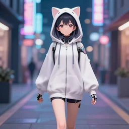 a beautiful anime cyborg - girl wearing a cat hoodie walking in a neon lit street, wlop, ilya kuvshinov, artgerm, krenz cushart, greg rutkowski, hiroaki samura, range murata, james jean, katsuhiro otomo, erik jones, serov, surikov, vasnetsov, repin, kramskoi