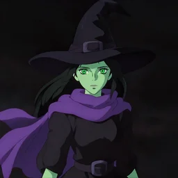 female witch with green skin wearing a purple scarf, jet black hair, pale greenish skin, bright green eyes, simple black dress and black witch hat, beautiful face, mid view, design on a black sky background, by studio muti, style of greg rutkowski makoto shinkai takashi takeuchi studio ghibli