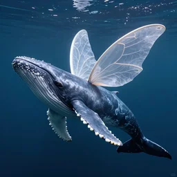 photomanipulation of a whale that has tiny fairy wings, inspired by fairy tooth's wings, fully detailed