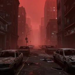 Apocalyptic city, abandoned vehicles in the streets, red fog, Octane Render